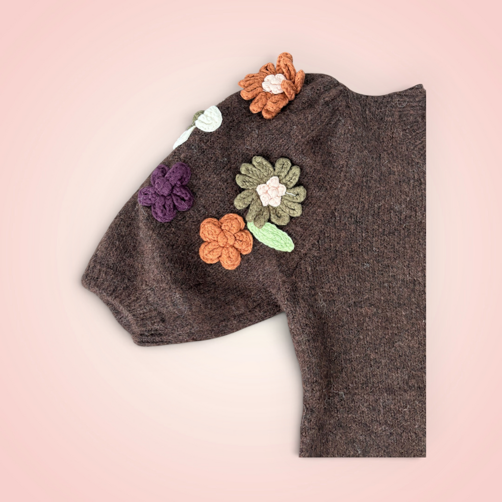 Trui korte mouw met bloemen - bruin
