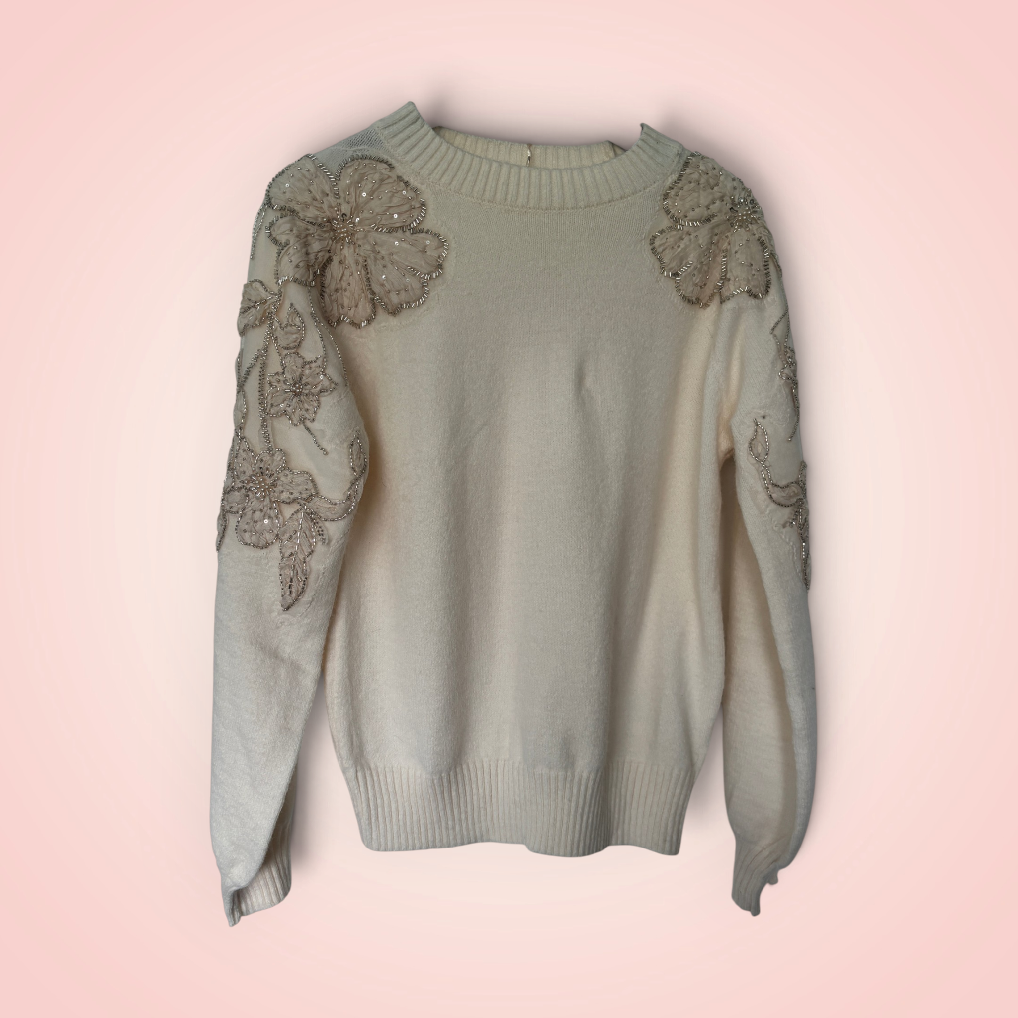 Trui lange mouw bloemapplicatie - creme