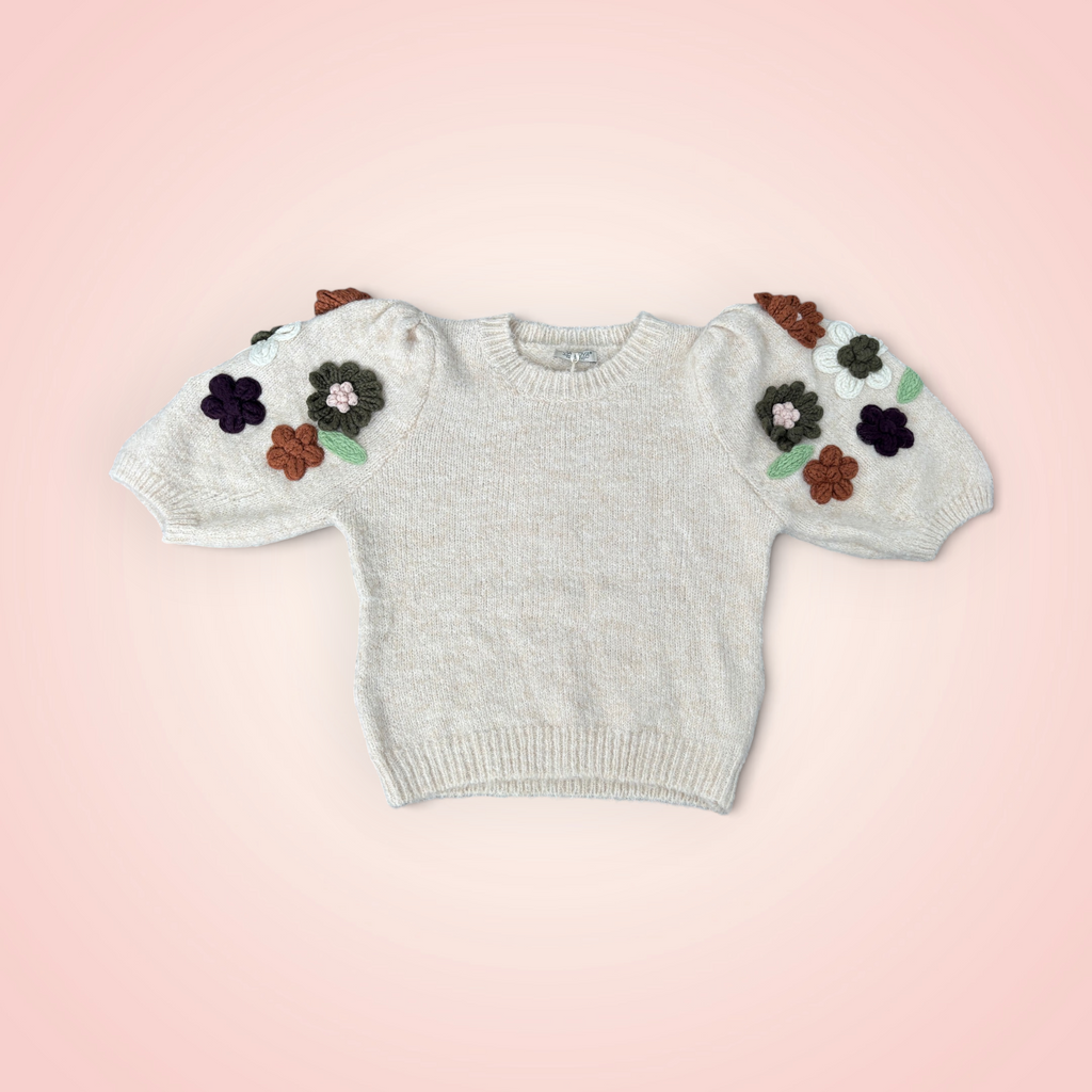 Trui korte mouw met bloemen - creme