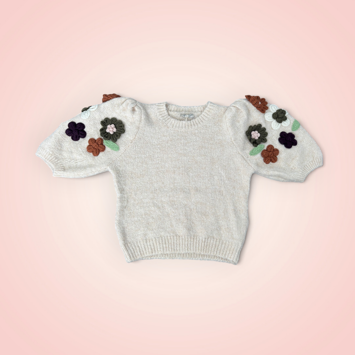 Trui korte mouw met bloemen - creme