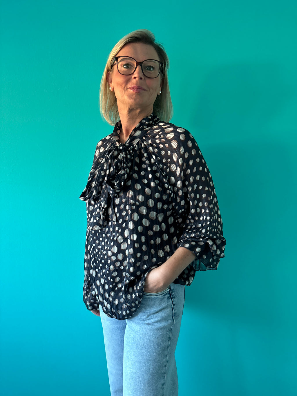 Bloesje met strik met onderbloesje - donkerblauw