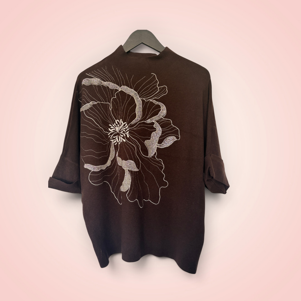 Trui korte mouw met bloem en glitter - bruin