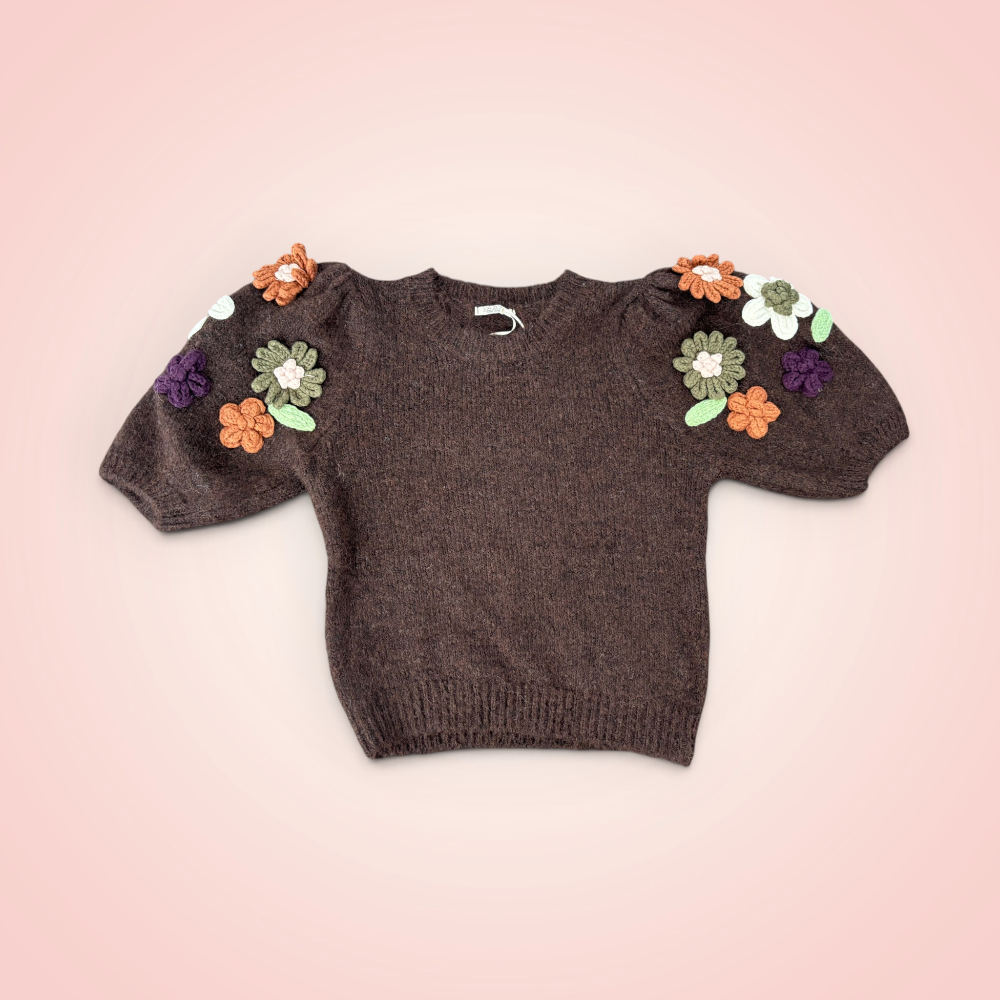 Trui korte mouw met bloemen - bruin