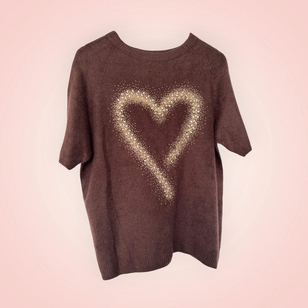 Trui korte mouw met glitterhart - bruin