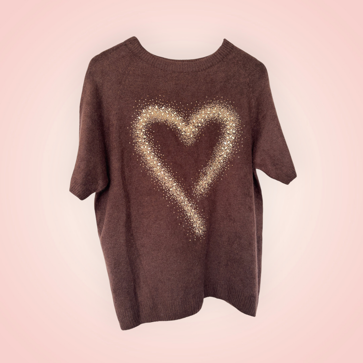 Trui korte mouw met glitterhart - bruin