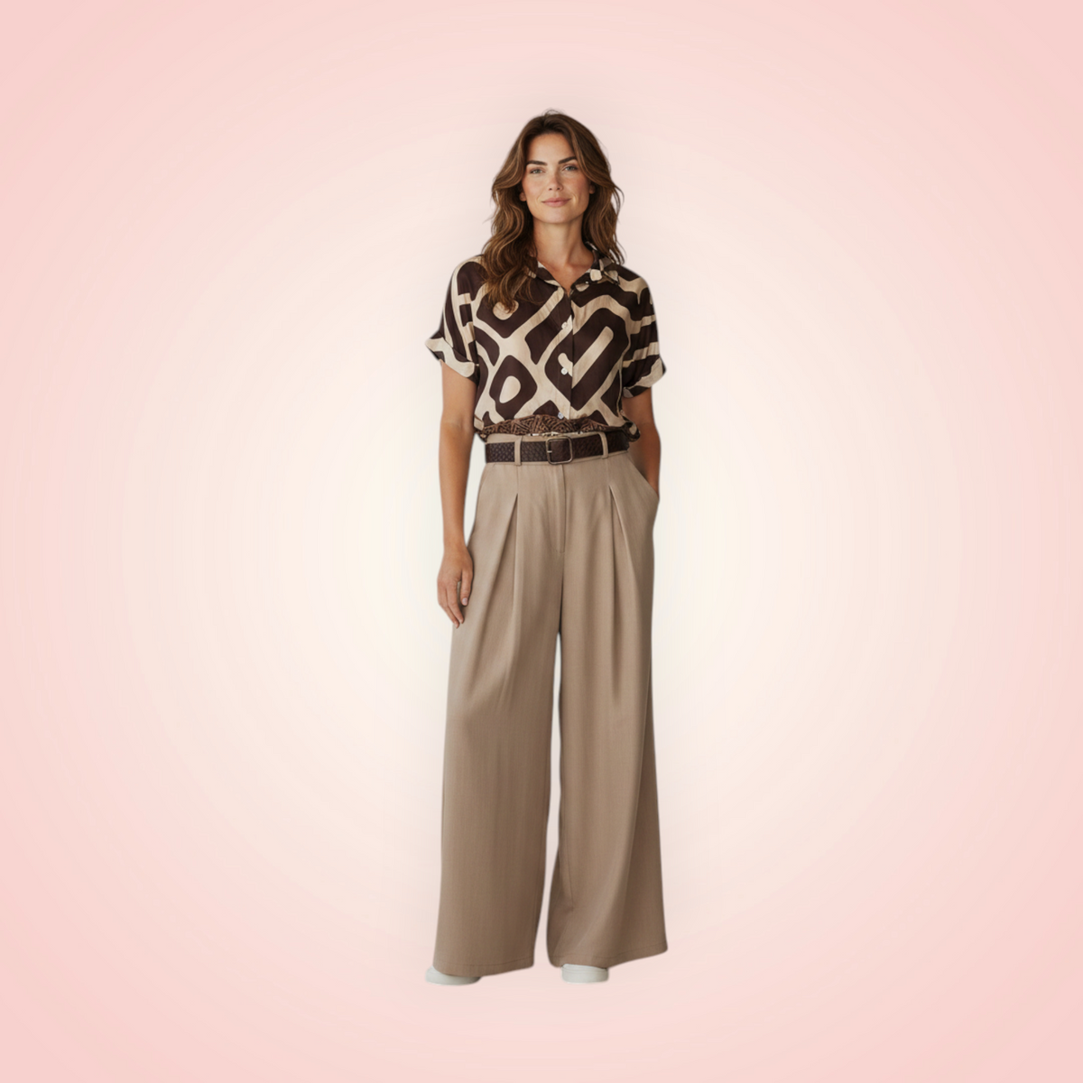 Broek brede pijpen met riem - beige