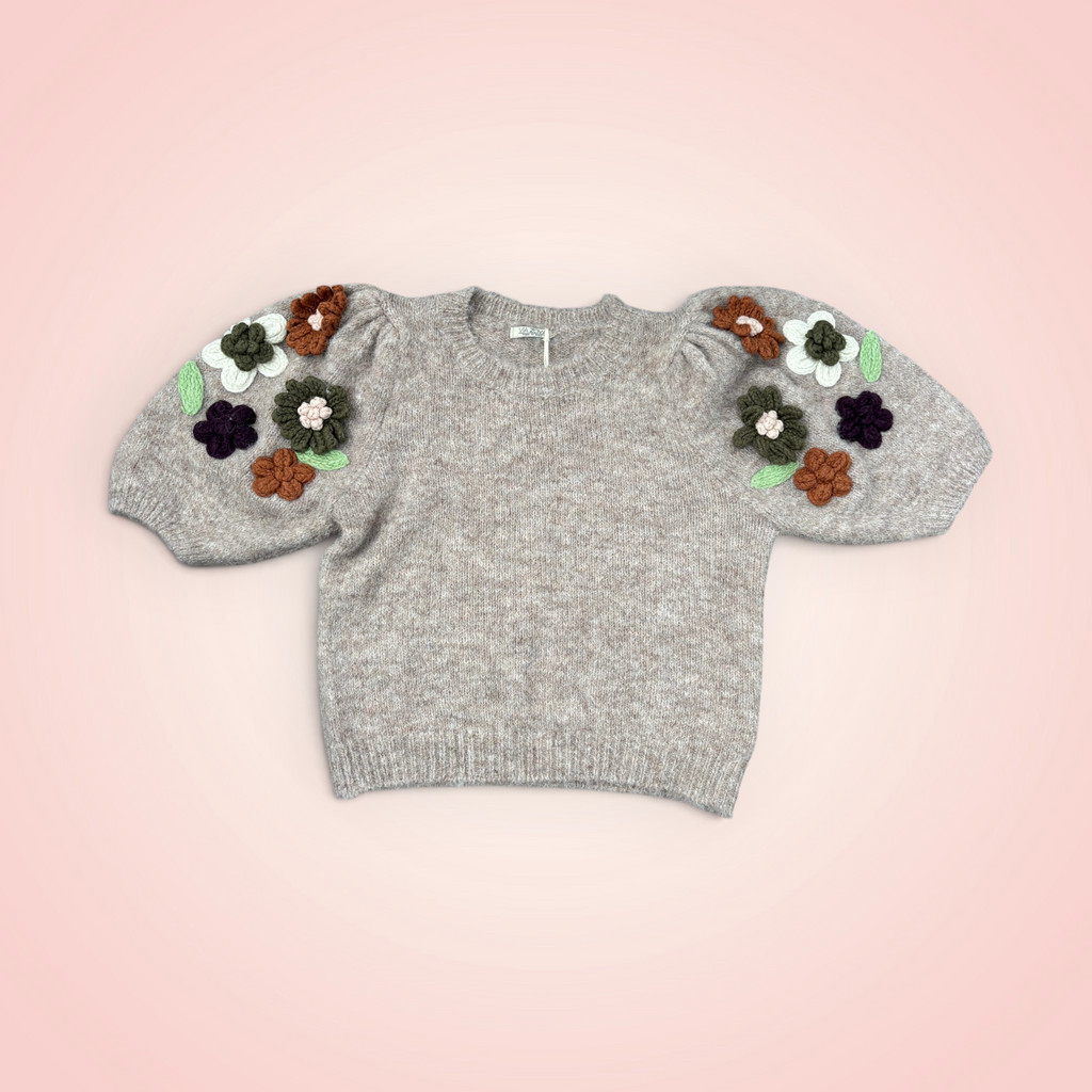 Trui korte mouw met bloemen - zand