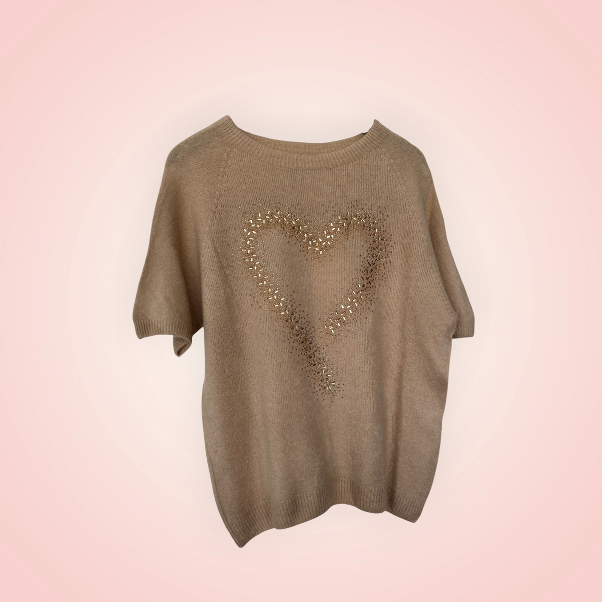 Trui korte mouw met glitterhart - creme