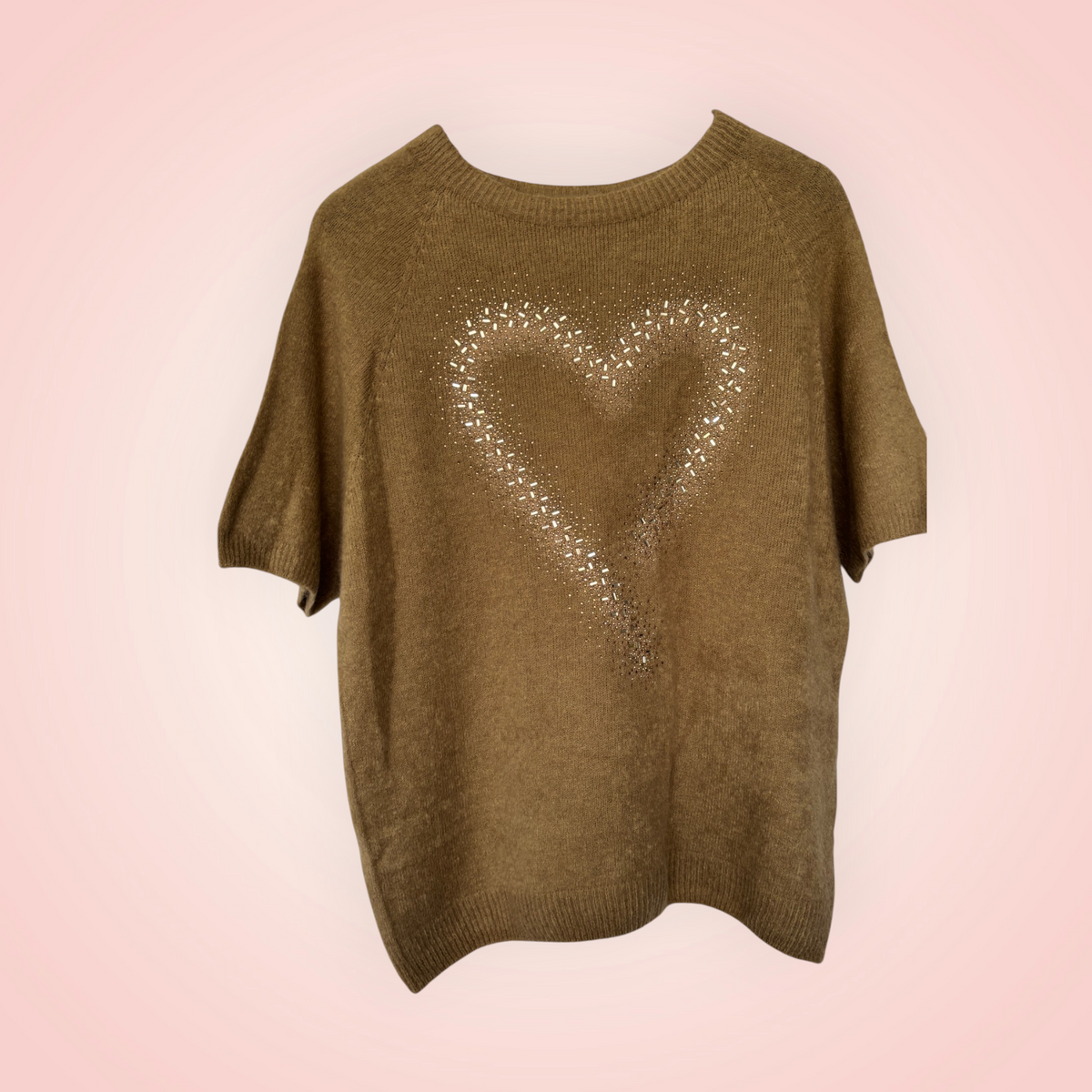 Trui korte mouw met glitterhart - zand