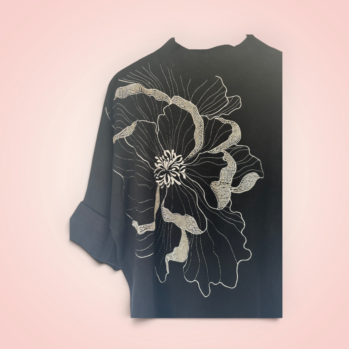 Trui korte mouw met bloem en glitter - zwart