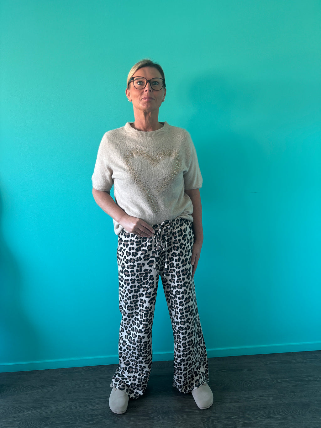 Trui korte mouw met glitterhart - creme