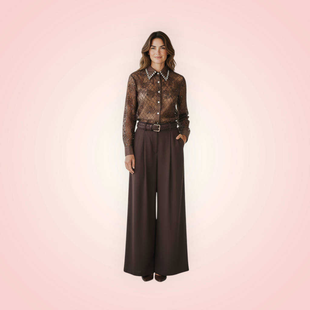 Broek brede pijpen met riem - bruin