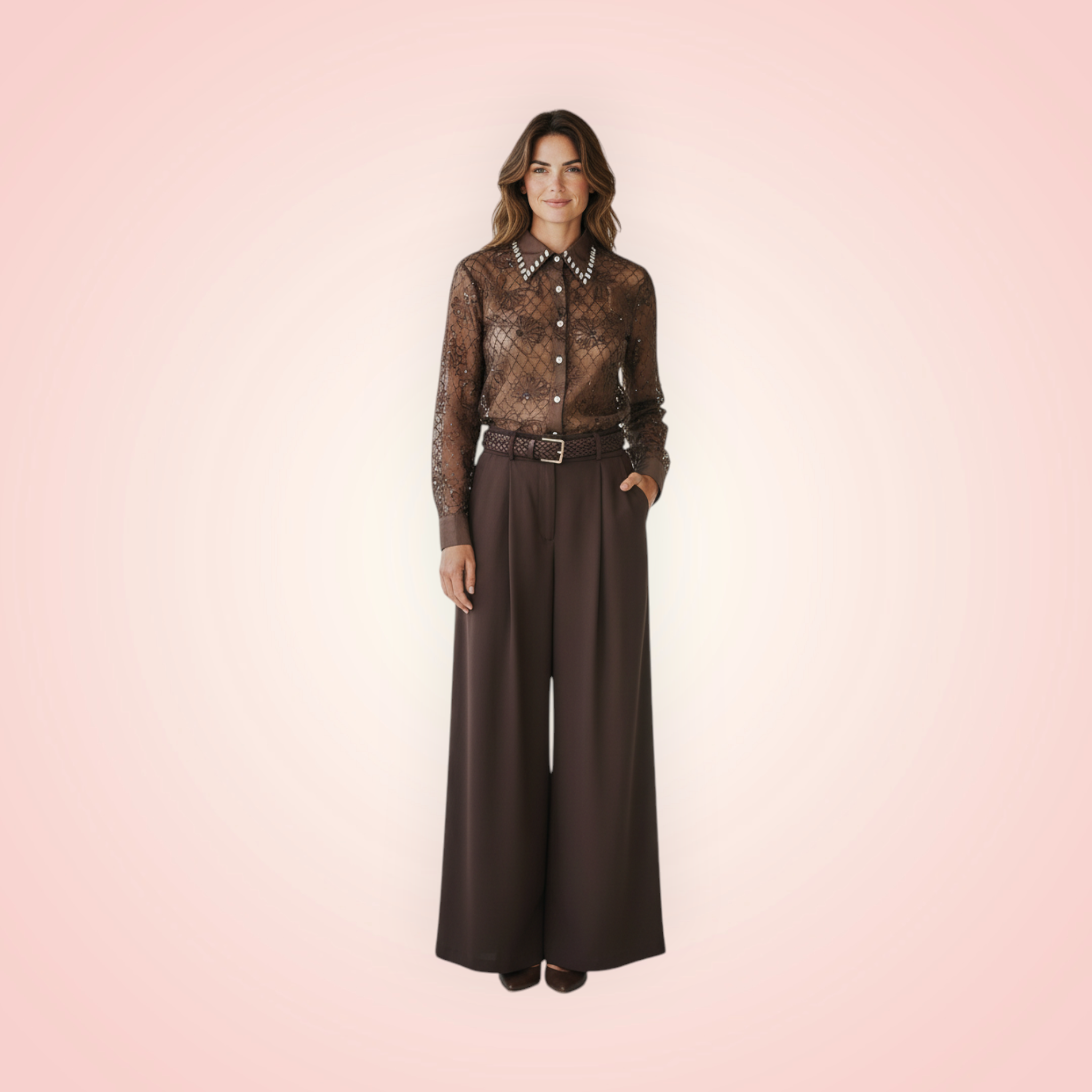 Broek brede pijpen met riem - bruin
