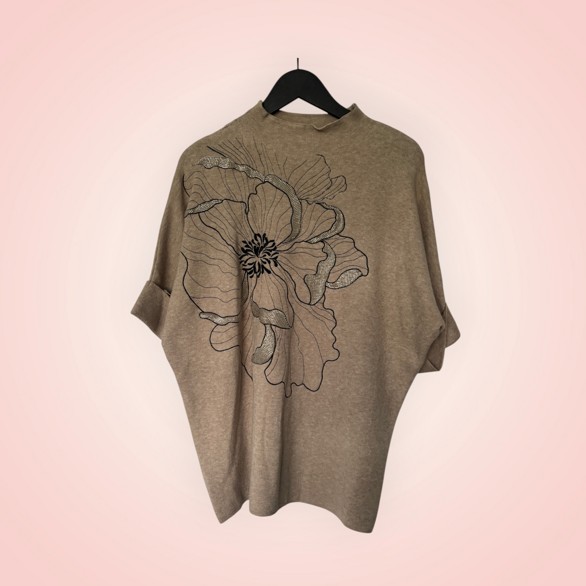 Trui korte mouw met bloem en glitter - zand