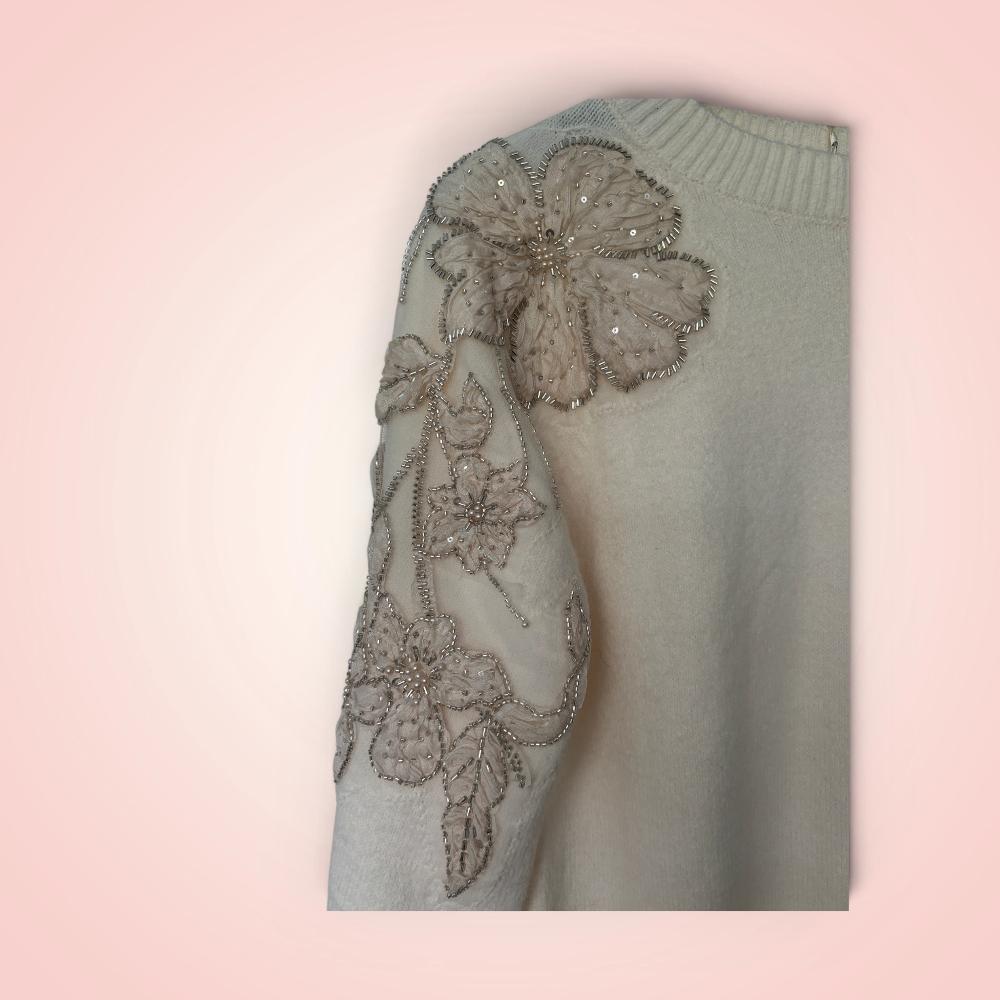 Trui lange mouw bloemapplicatie - creme