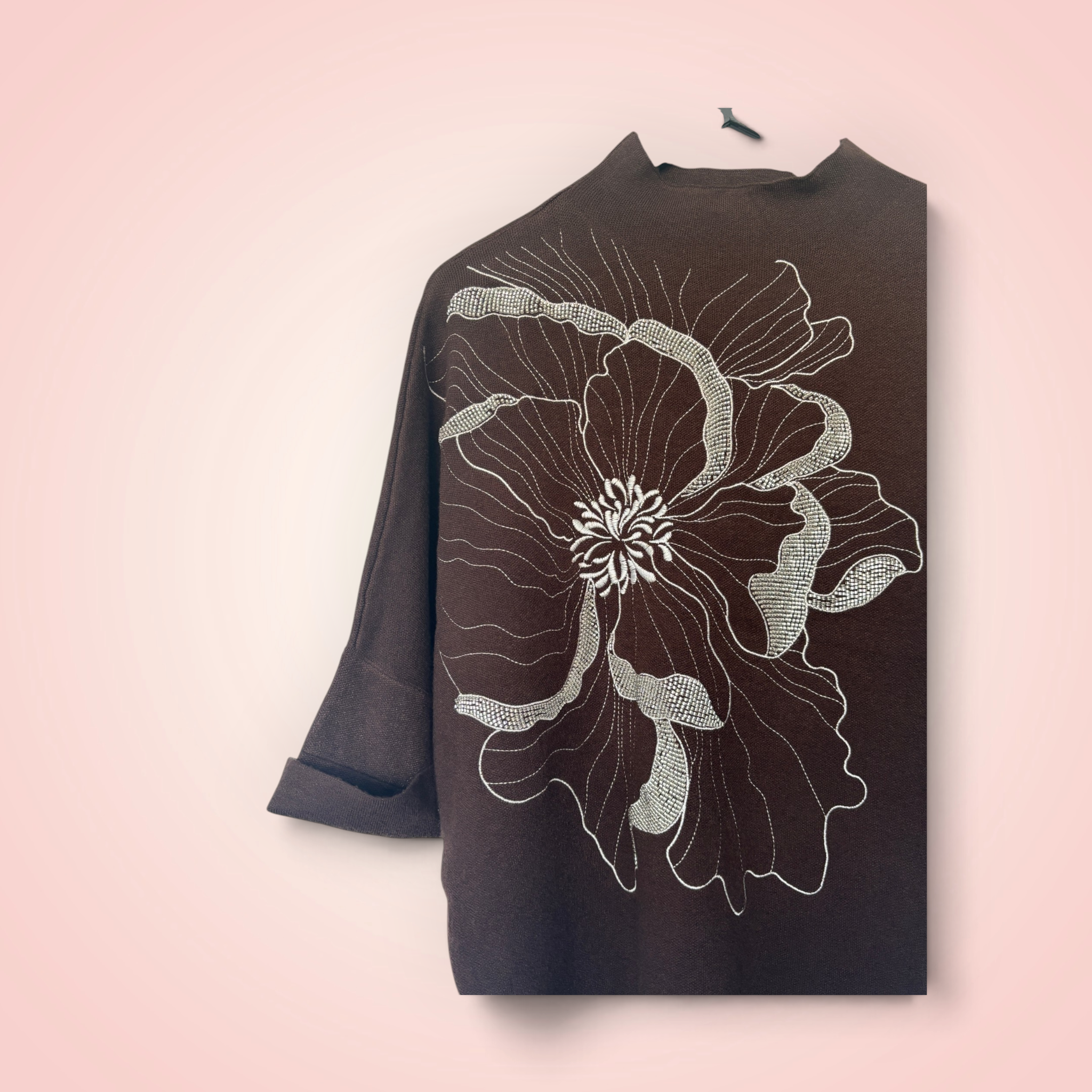 Trui korte mouw met bloem en glitter - bruin