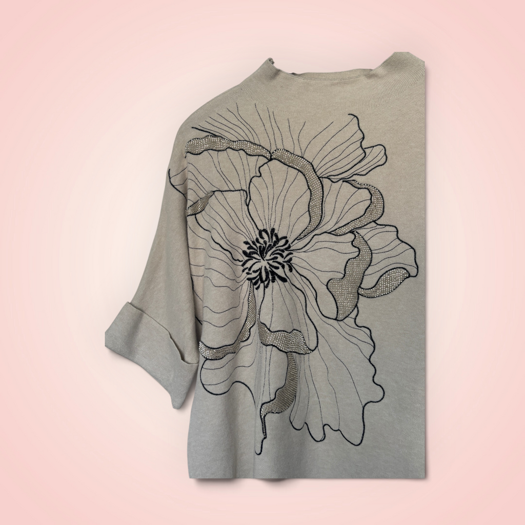 Trui korte mouw met bloem en glitter - creme