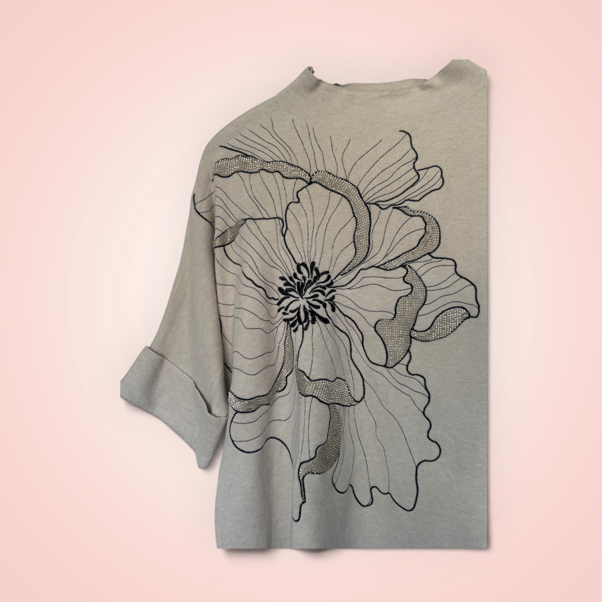 Trui korte mouw met bloem en glitter - creme