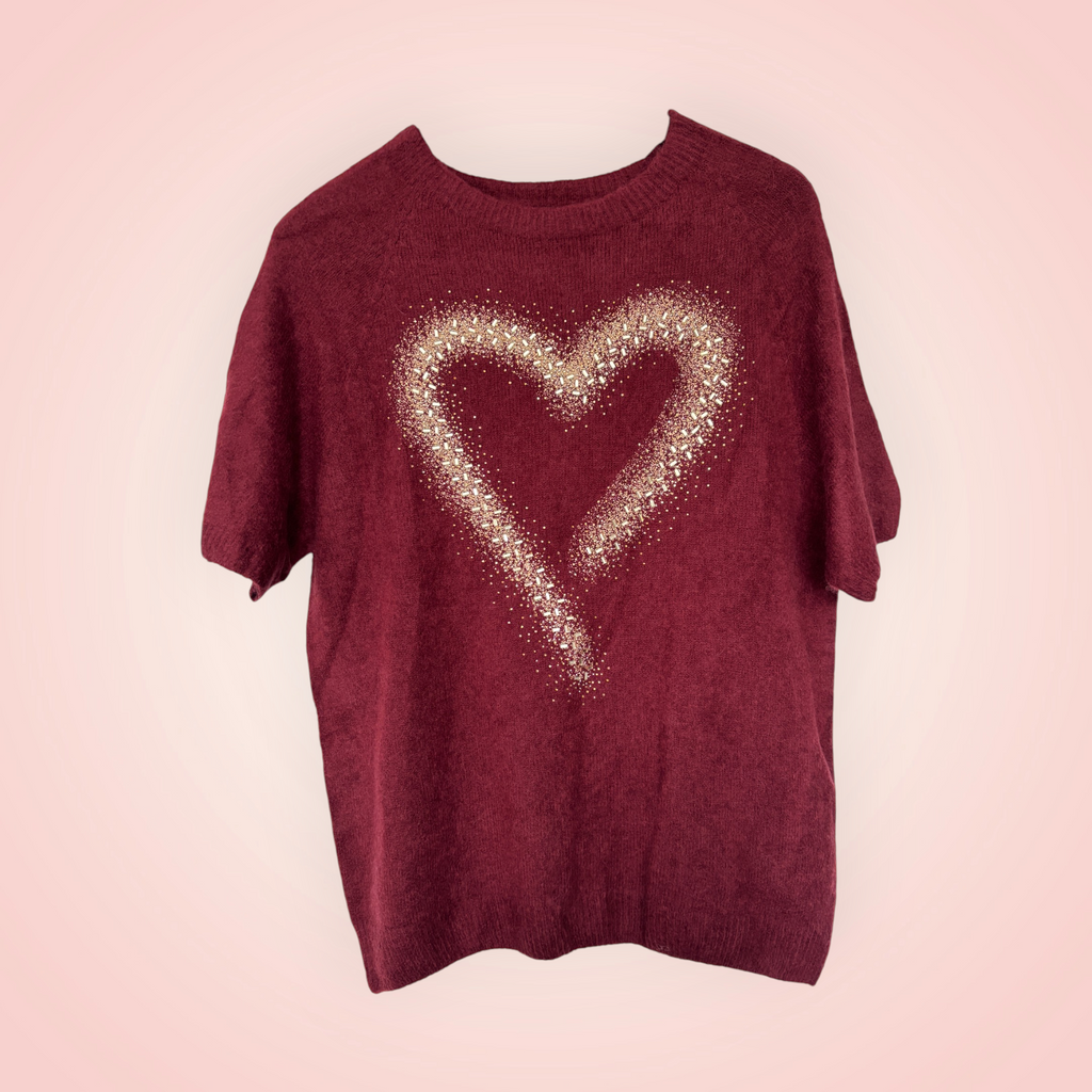 Trui korte mouw met glitterhart - bordeaux