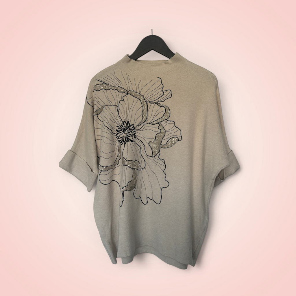 Trui korte mouw met bloem en glitter - creme