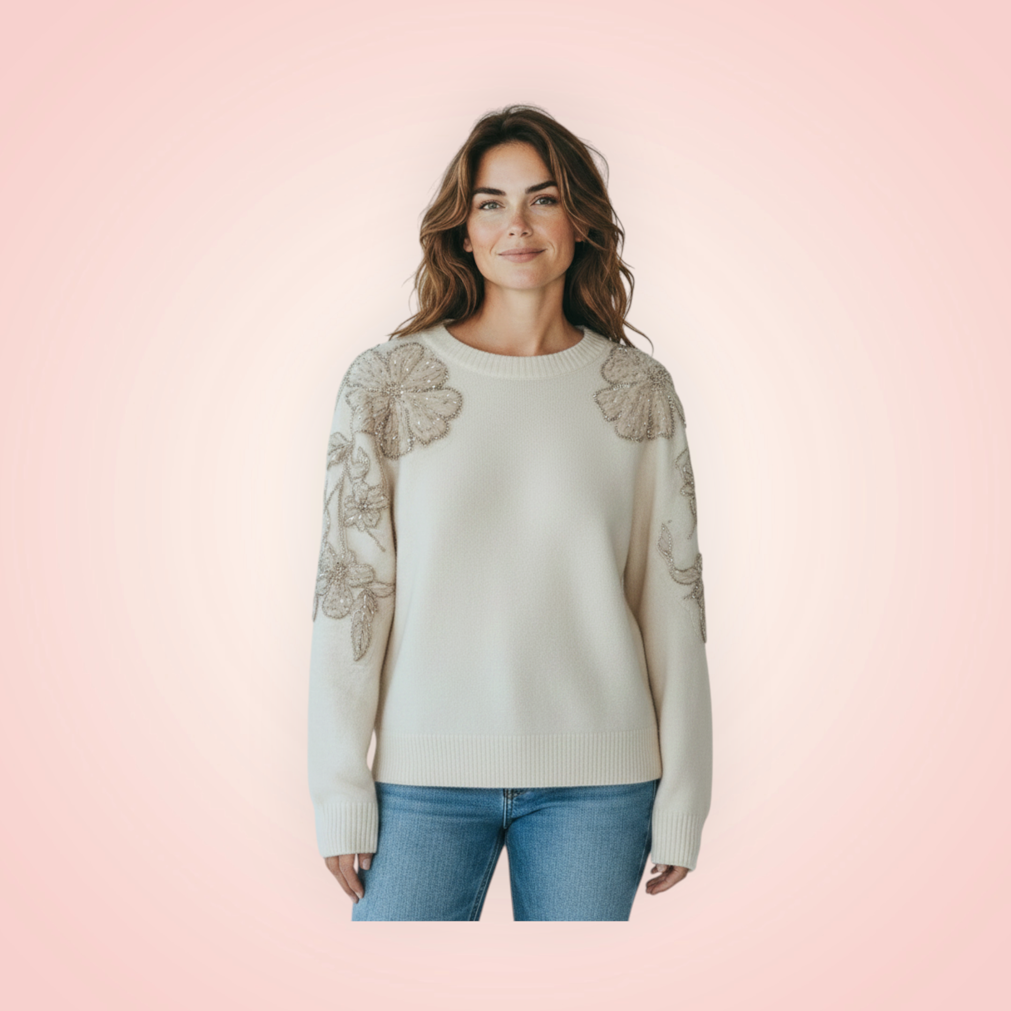 Trui lange mouw bloemapplicatie - creme